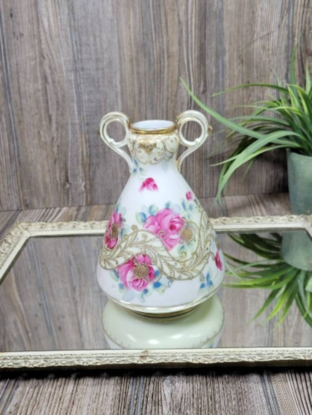 Antique Nippon Maple Leaf Vase Pink Roses Moriage Gold Double Handle (Repaired)